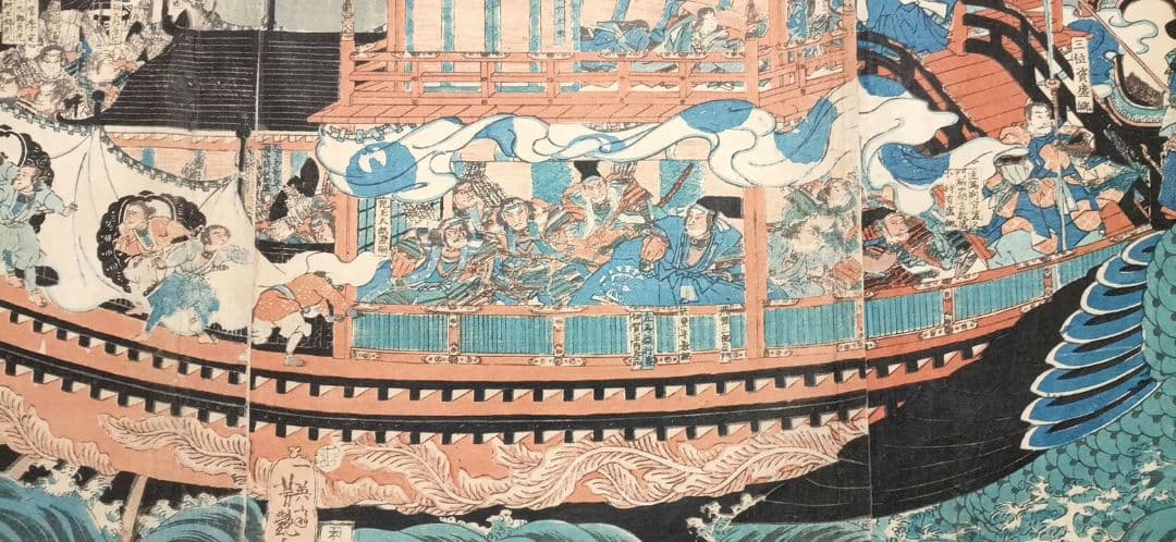 浮世絵版画、壇之浦大合戦之圖三枚綴り繋がってます。歌川芳艶画、安政6年出版