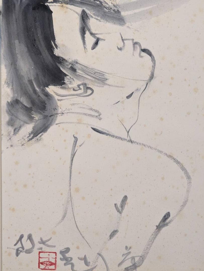 【真作】絵画　水墨画4号　女性横顔図　艶やかな墨彩美人画　和モダンアート　Z47