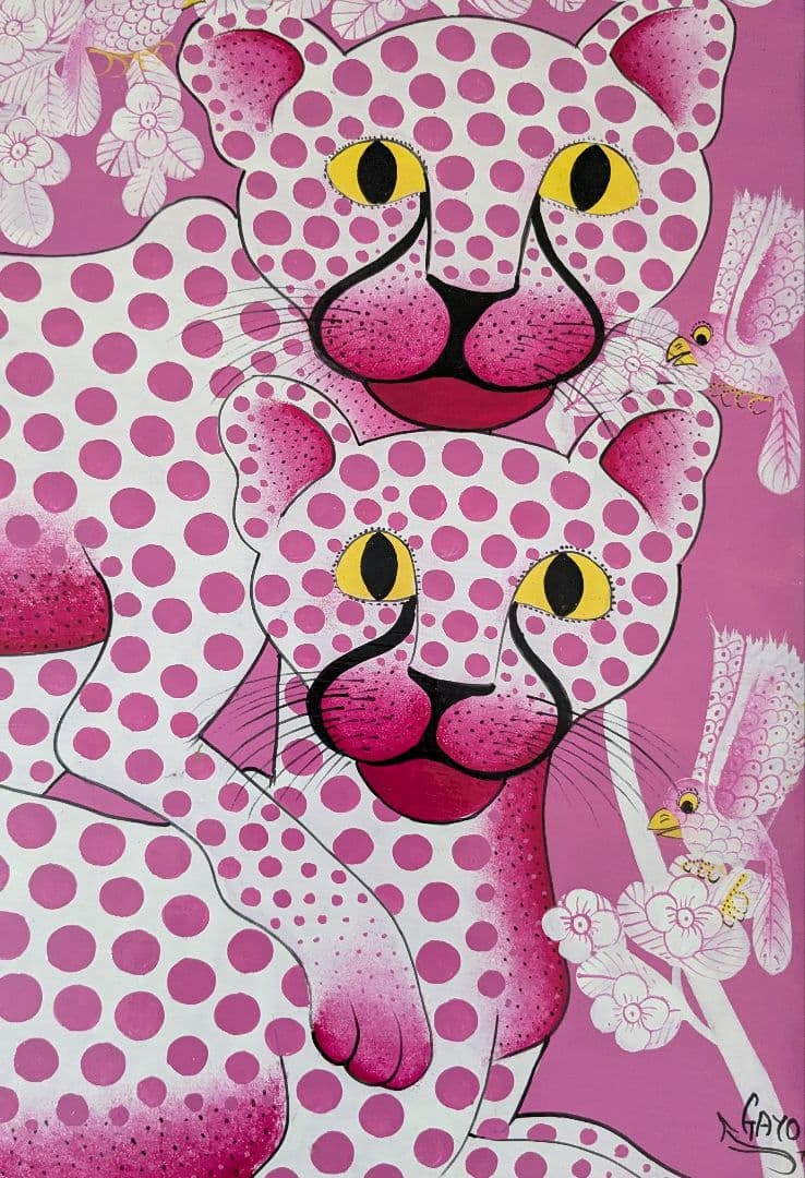 ●アフリカの絵画、ティンガティンガ、チーターの親子、ピンク、58×80cm